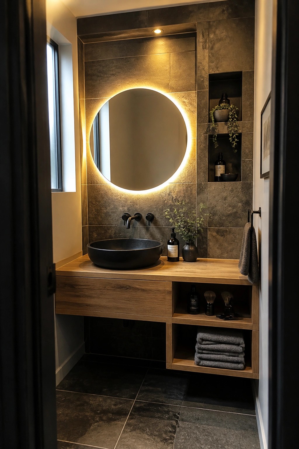 A modern bathroom with a floating wood vanity, black vessel sink, round backlit mirror, and recessed niches in the stone wall holding bottles and plants.
