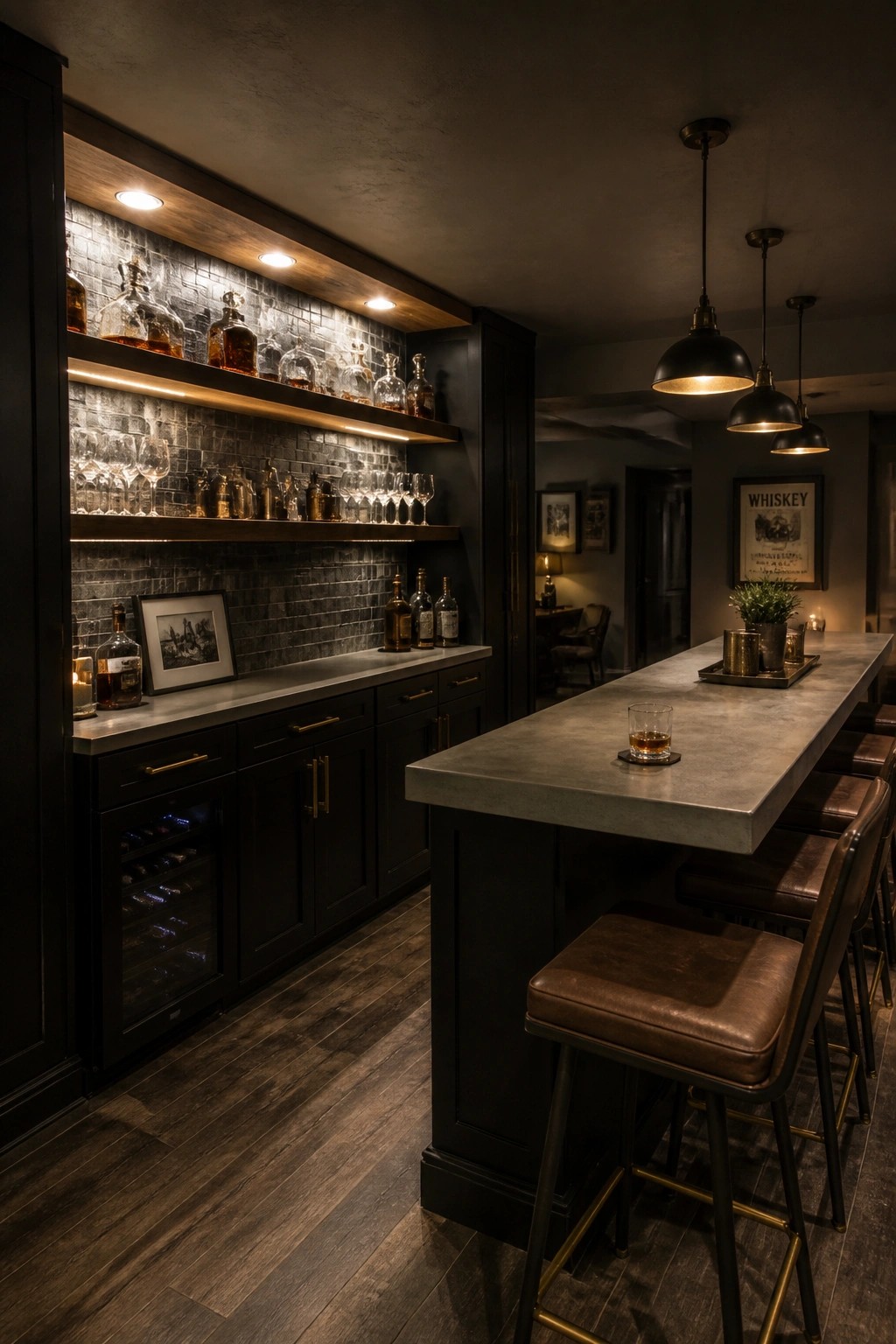A home bar area with dark wood cabinetry, concrete countertop, brown leather bar stools, and two levels of backlit open shelves displaying liquor bottles and glassware against a dark brick backsplash.
