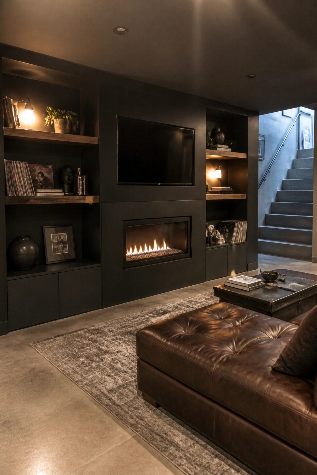 Modern living room with black walls, built-in fireplace, TV, and leather ottoman.