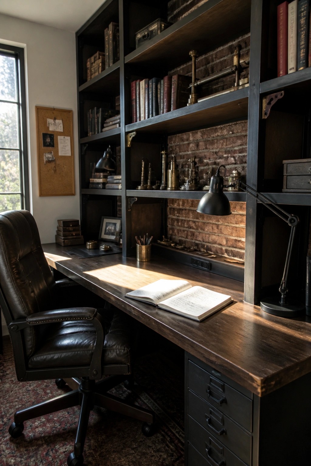 A home office with a long wooden desk, black leather chair, open book, black desk lamp, and tall built-in dark shelves holding books and objects against a brick wall.
