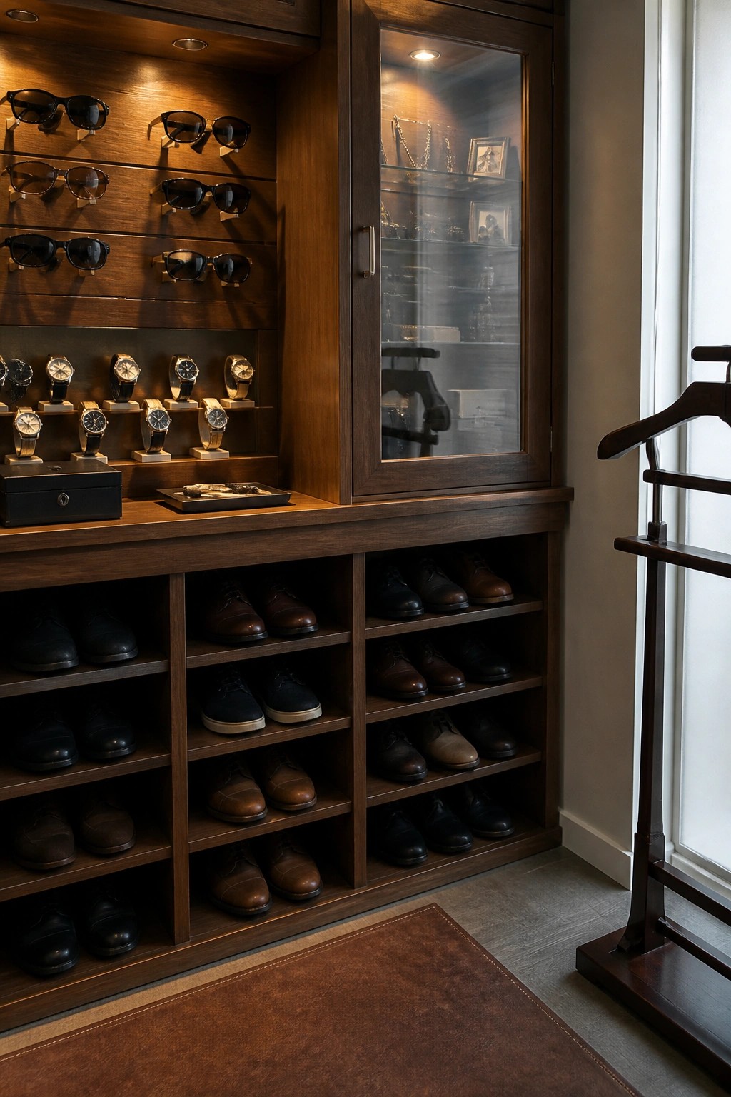 Dark wood built-in cabinet with open lower shelves holding rows of men's shoes and upper shelves displaying watches and sunglasses, plus a glass-front display cabinet above.
