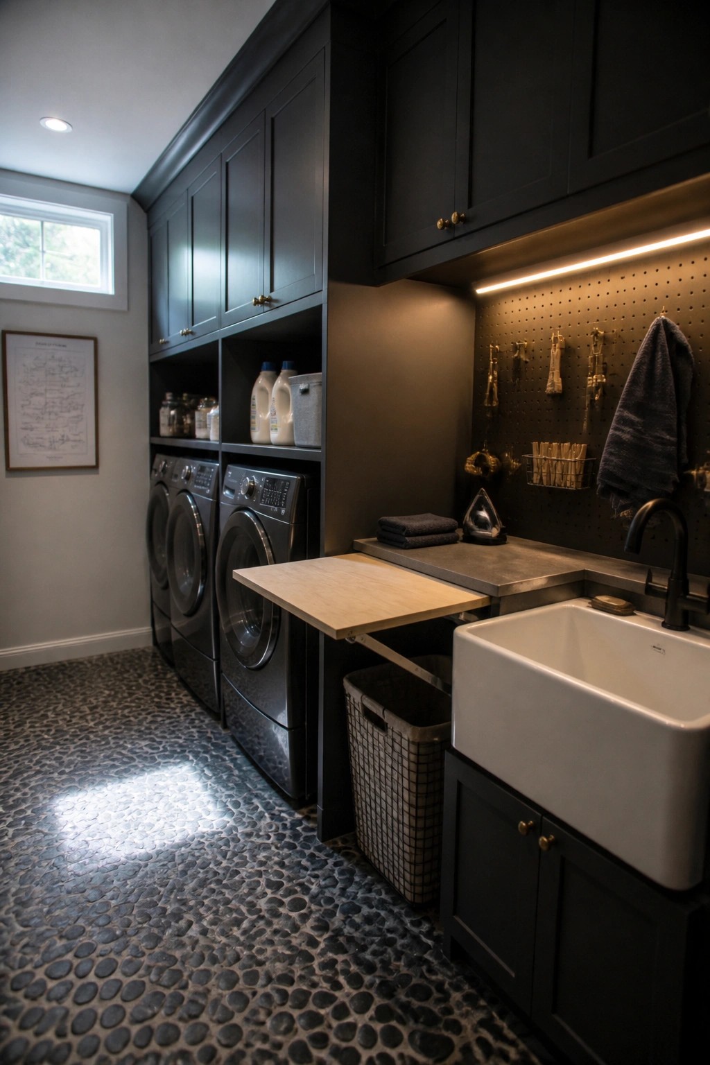 A narrow laundry room with dark built-in cabinets, two front-loading washers, open shelving holding detergent bottles, a pull-out light wood counter, a white farmhouse sink, and a pegboard wall with hooks and a towel.