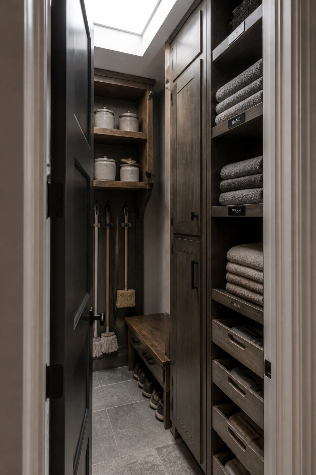 Narrow interior closet with dark wood built-in cabinets, open shelves of stacked gray towels on the right, labeled sections, lower drawers, and a wooden bench along the left wall with hanging cleaning tools.