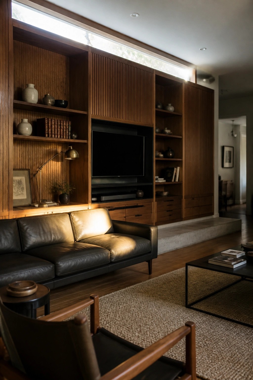 A living room with a large wooden built-in entertainment center featuring open shelves, a television, drawers, and a dark leather sofa positioned in front.