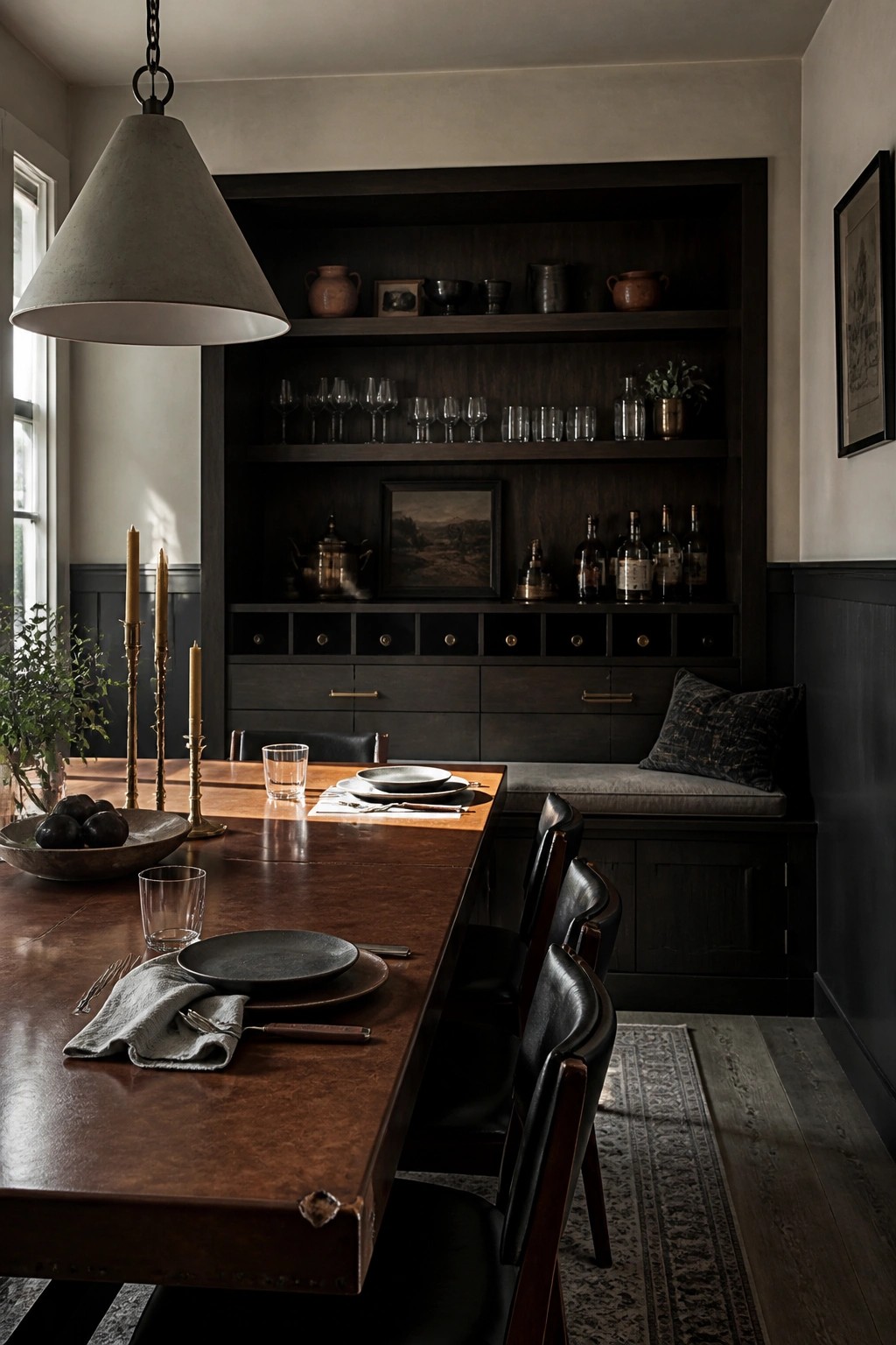 A dark wood built-in unit with open shelves displaying glasses, pottery, and bottles above closed cabinets and drawers, next to a wooden dining table set with plates and chairs.