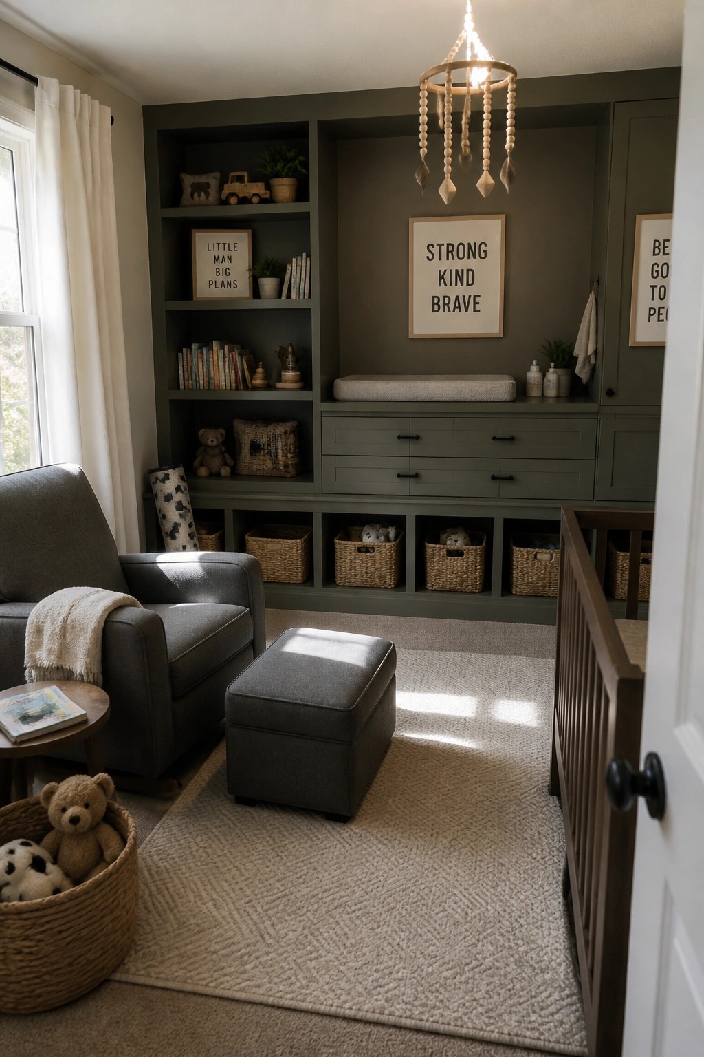 Cozy nursery with dark green built-ins, gray armchair, ottoman, wooden crib, and beaded chandelier.