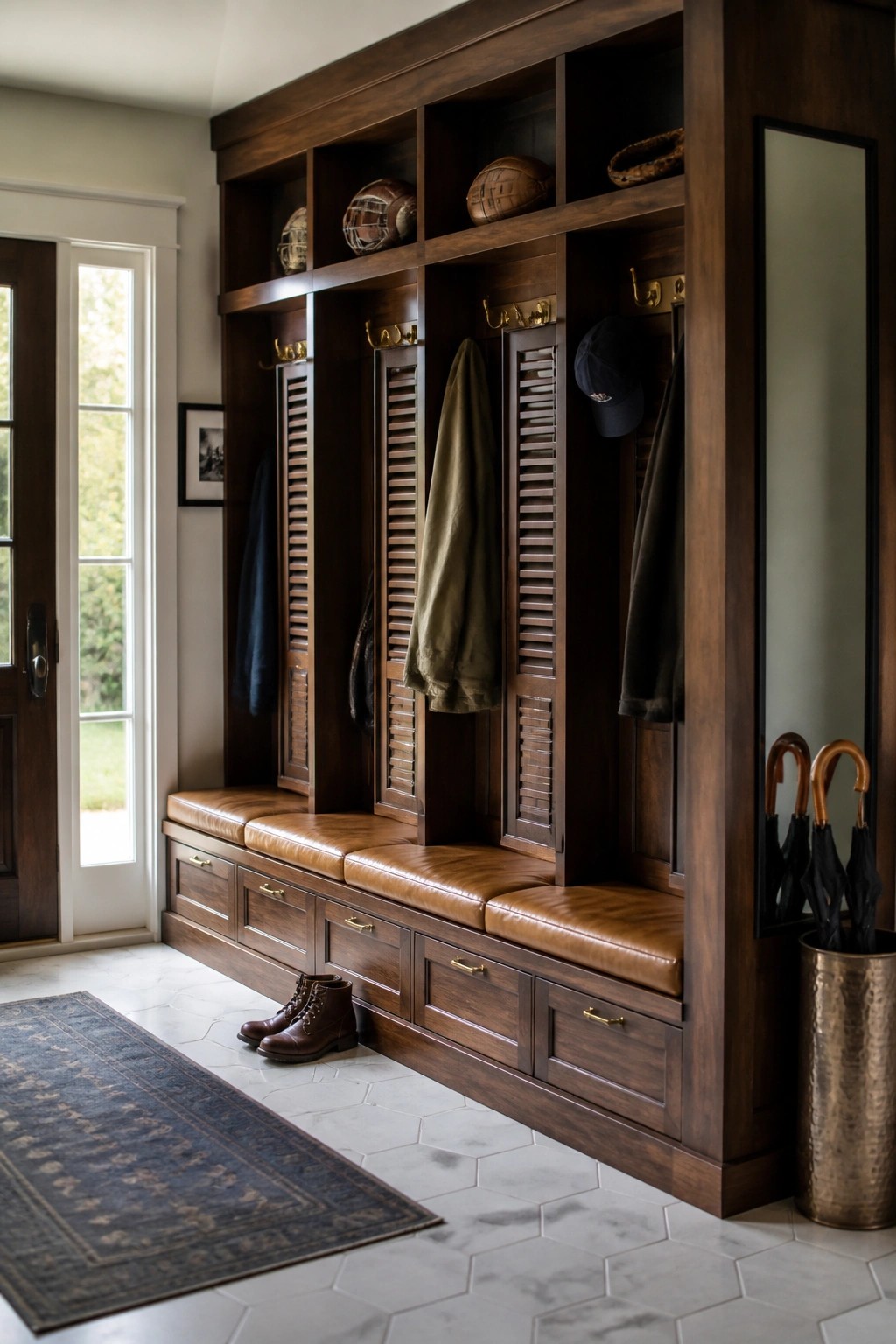 A dark wood built-in storage unit with brown leather bench seating, open shelves holding sports gear, hooks, louvered doors, and a copper umbrella stand beside a tiled entryway.