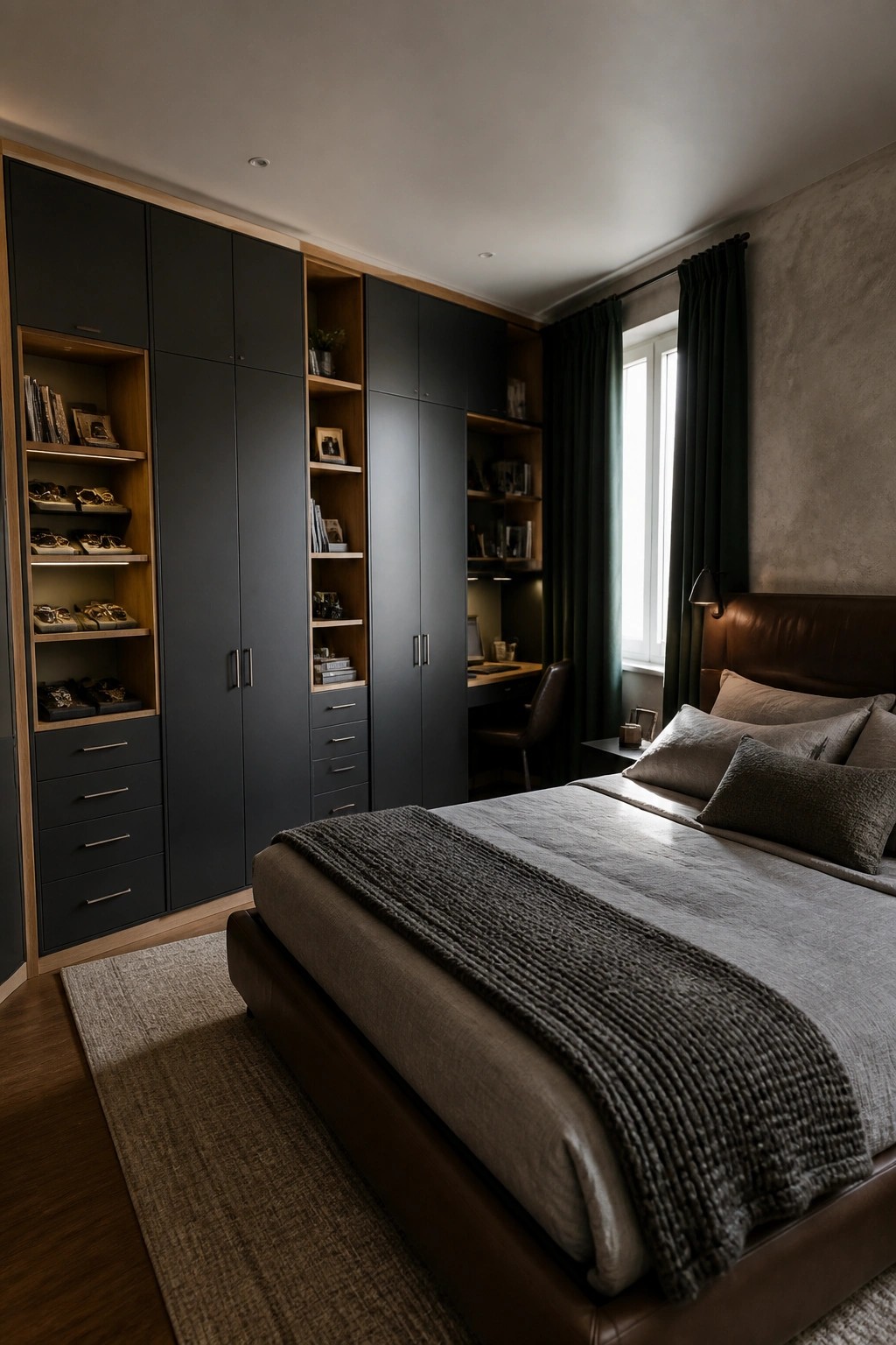 A modern bedroom with dark floor-to-ceiling built-in cabinets featuring open illuminated shelves for books and accessories, an integrated desk, and a brown leather bed with gray bedding.