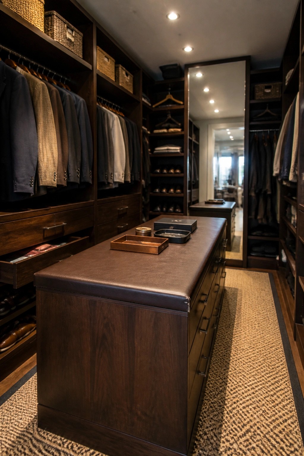 A narrow walk-in closet with dark wood built-ins, hanging rods, open shelving, and a large central island with drawers and a brown leather top.