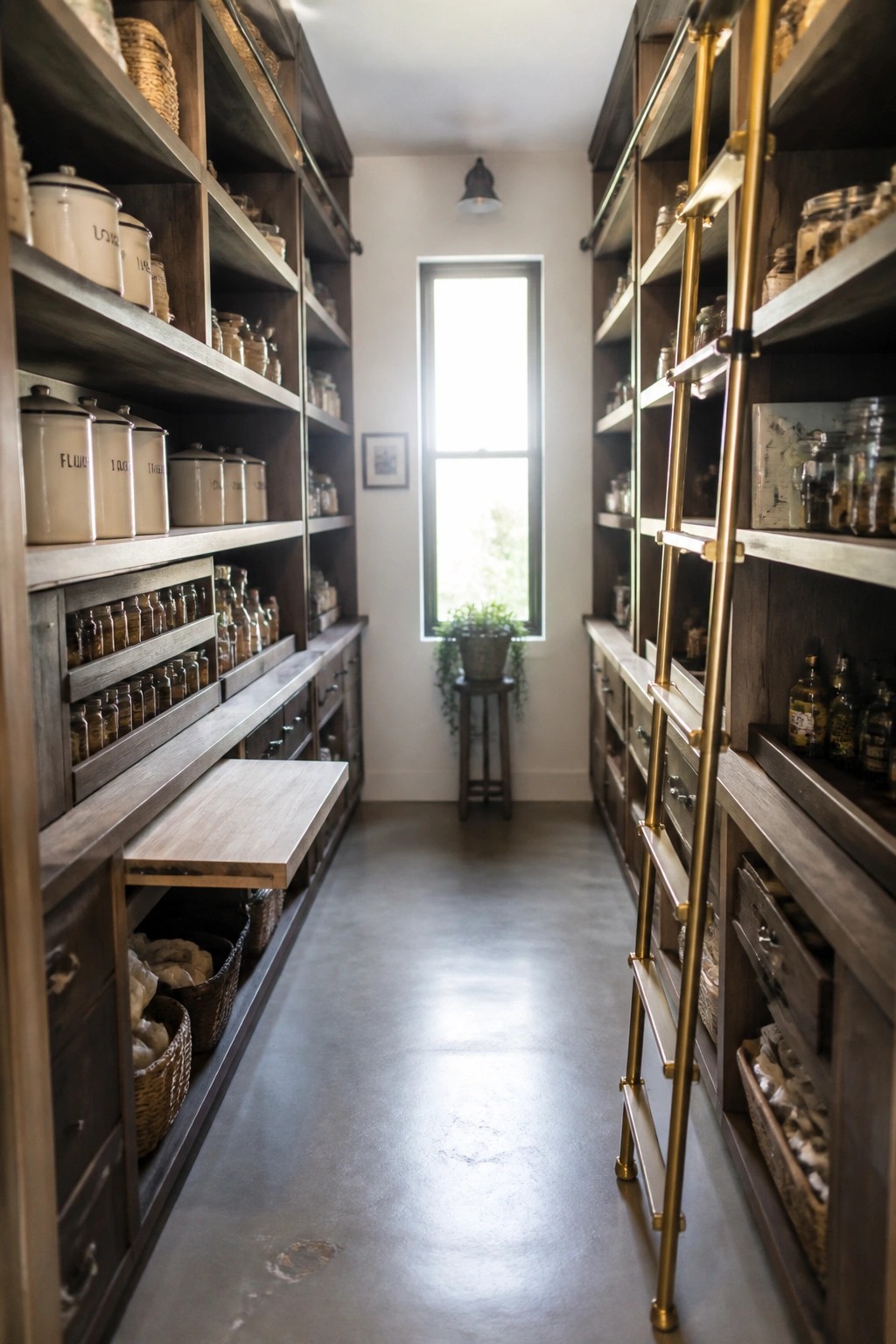 Narrow pantry with dark wooden shelves, glass jars, baskets, and brass ladder