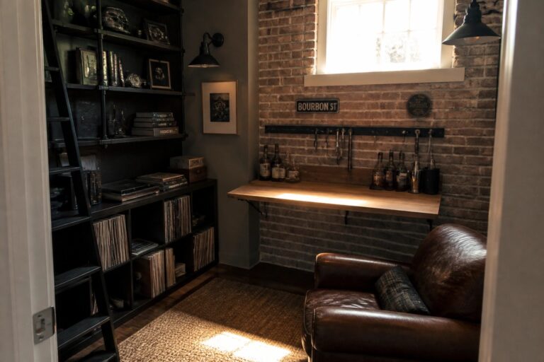 21 Clever Small Man Cave Ideas Using Wall-Mounted Storage and Fold-Down Surfaces A small interior room featuring a brown leather armchair on a woven rug, a wooden fold-down desk mounted on a brick wall with a glass of liquor on top, and dark floating shelves holding bottles and vinyl records.