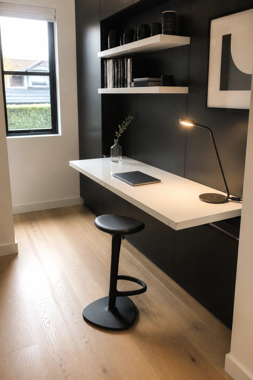 A modern workspace with a white floating desk against a black wall, white floating shelves above holding books and vases, a black desk lamp, and a black stool on light wood flooring.