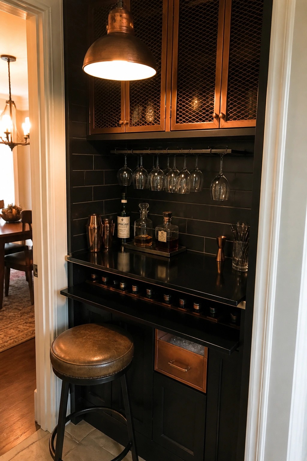 A compact built-in bar nook with a fold-down black countertop, hanging wine glasses on a metal rack, dark cabinetry, and copper accents including a lower ice drawer.