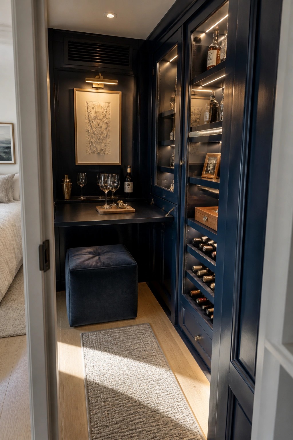 A narrow dark blue room featuring a fold-down black countertop used as a bar, with built-in illuminated cabinetry holding wine bottles and glasses, plus a blue ottoman underneath.