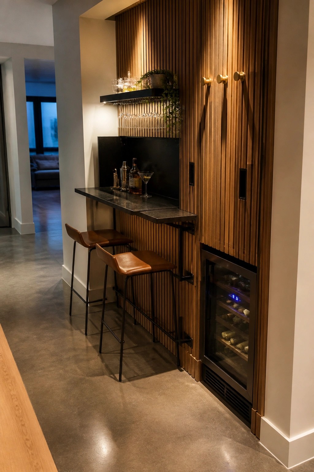 An indoor home bar setup with a black fold-down counter mounted on a wood slat wall, two brown leather bar stools, and a built-in wine refrigerator below.
