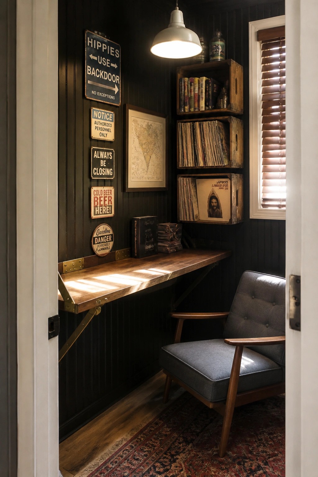 A compact room with dark walls shows a wooden fold-down desk, wooden crates holding records mounted above it, vintage signs on the wall, a gray upholstered chair, and a patterned rug on the floor.