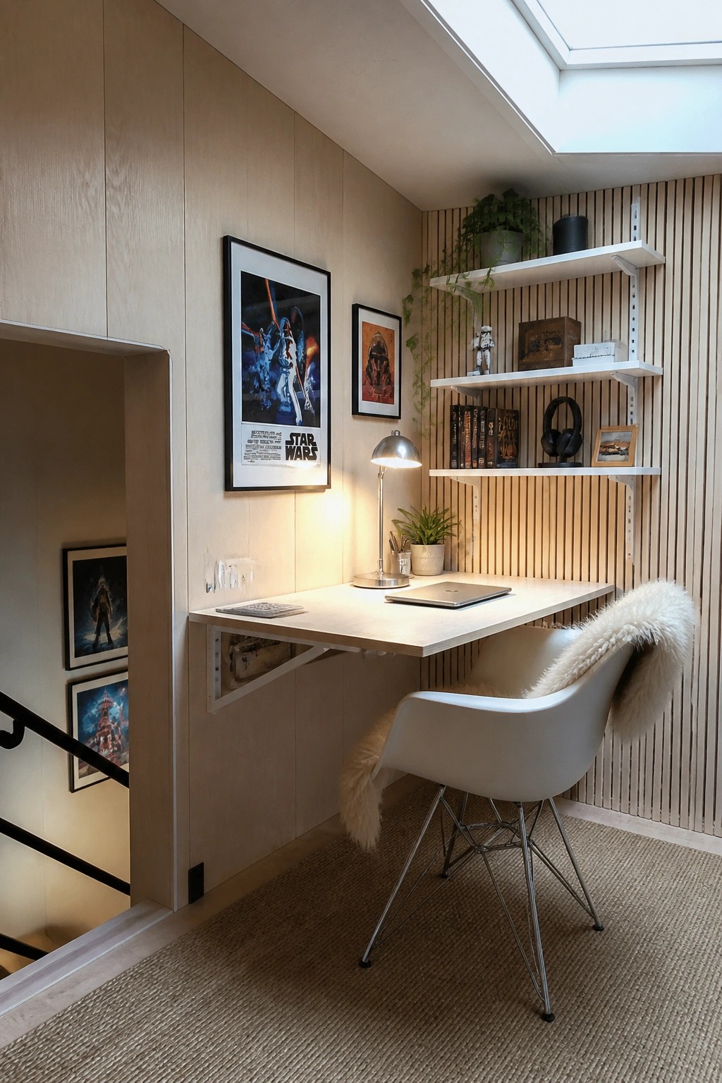 Modern home office with Star Wars posters, floating desk, white chair, and shelves under skylight.