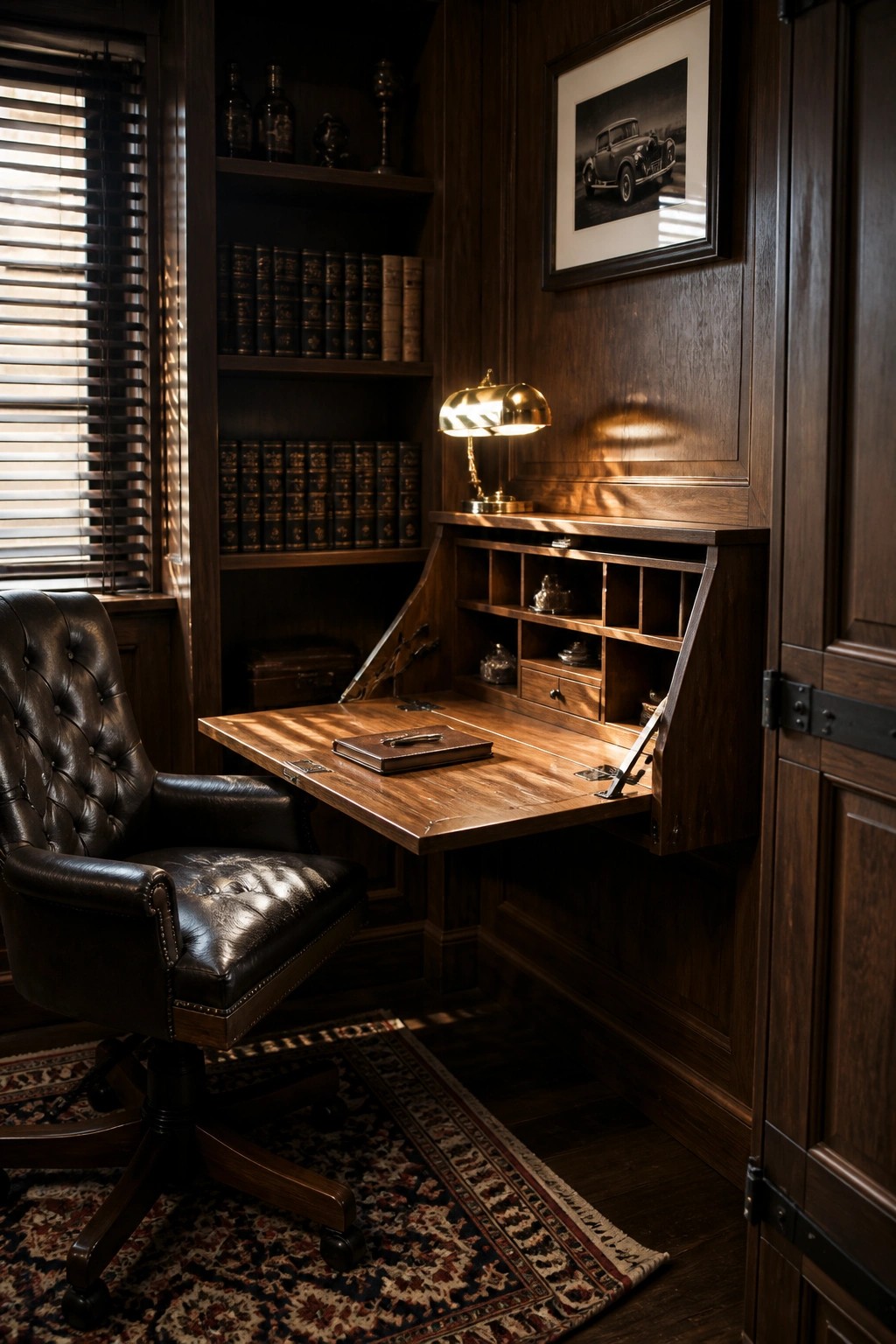 A wooden fold-down desk with open storage compartments mounted on a dark wood paneled wall in a small room with a leather chair and bookshelves.