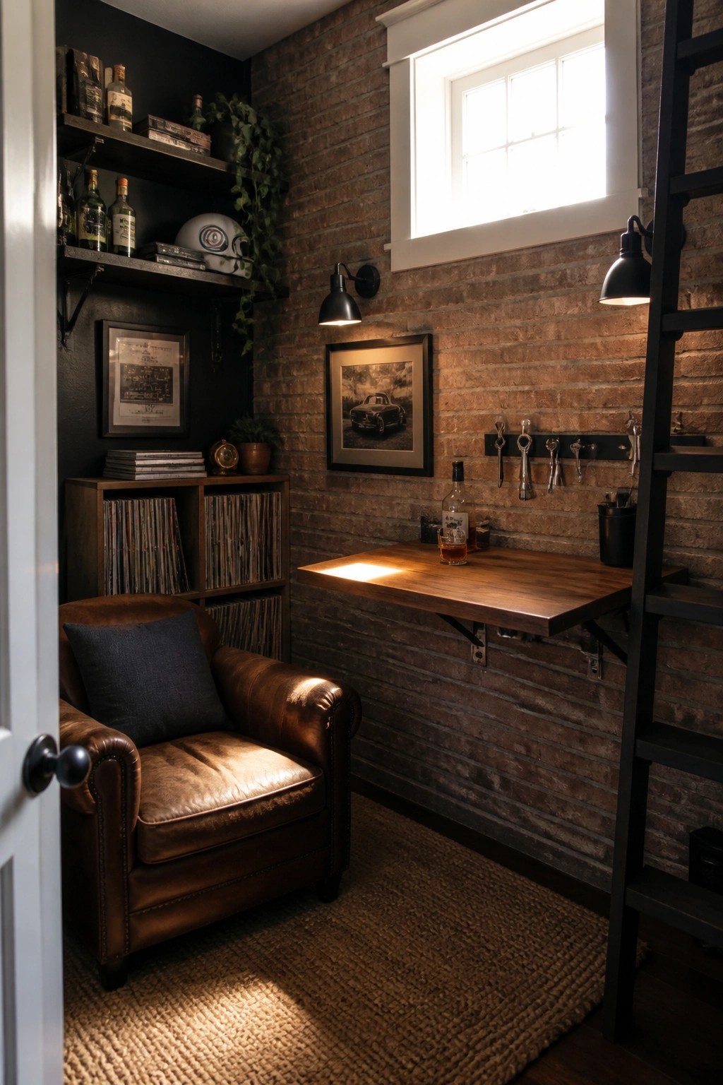 A small interior room featuring a brown leather armchair on a woven rug, a wooden fold-down desk mounted on a brick wall with a glass of liquor on top, and dark floating shelves holding bottles and vinyl records.