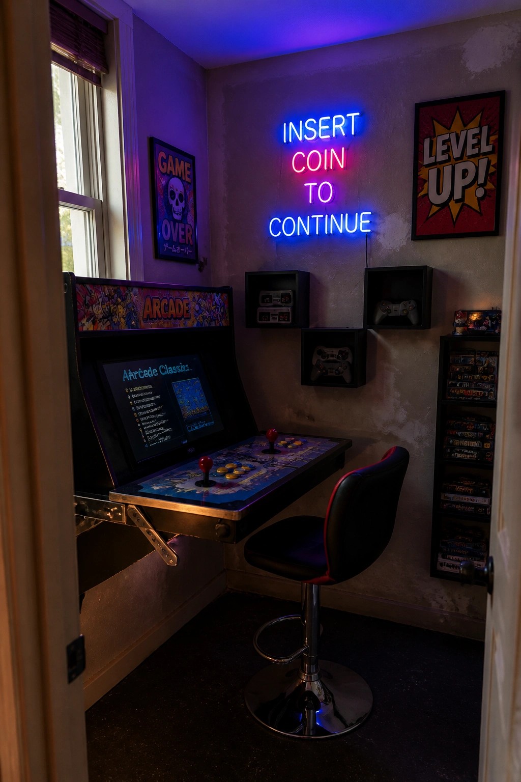 Retro arcade cabinet with neon