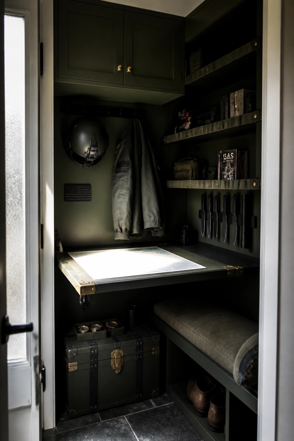 A narrow dark green closet with a fold-down desk holding a map, wall hooks with a helmet and jacket, shelves with books and knives, and storage trunks on the floor.