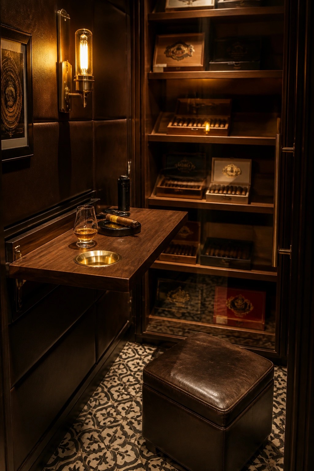 A narrow dark wood room with a fold-down table holding a whiskey glass and cigar, built-in shelves filled with cigar boxes, a wall sconce, and a brown leather ottoman on patterned tile.