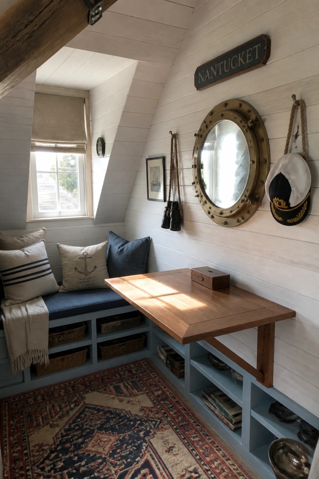 Small nautical-themed room with a wooden fold-down table mounted on a blue built-in unit, storage cubbies below a window seat, and wall decor including a porthole mirror and captain's hat.