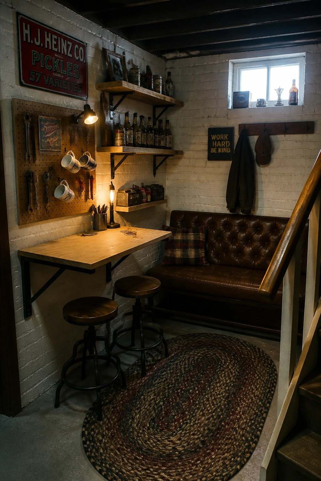 A small room with white brick walls has a fold-down wooden table on the left, two round stools, a brown leather couch, wall shelves with bottles, and a pegboard with tools.