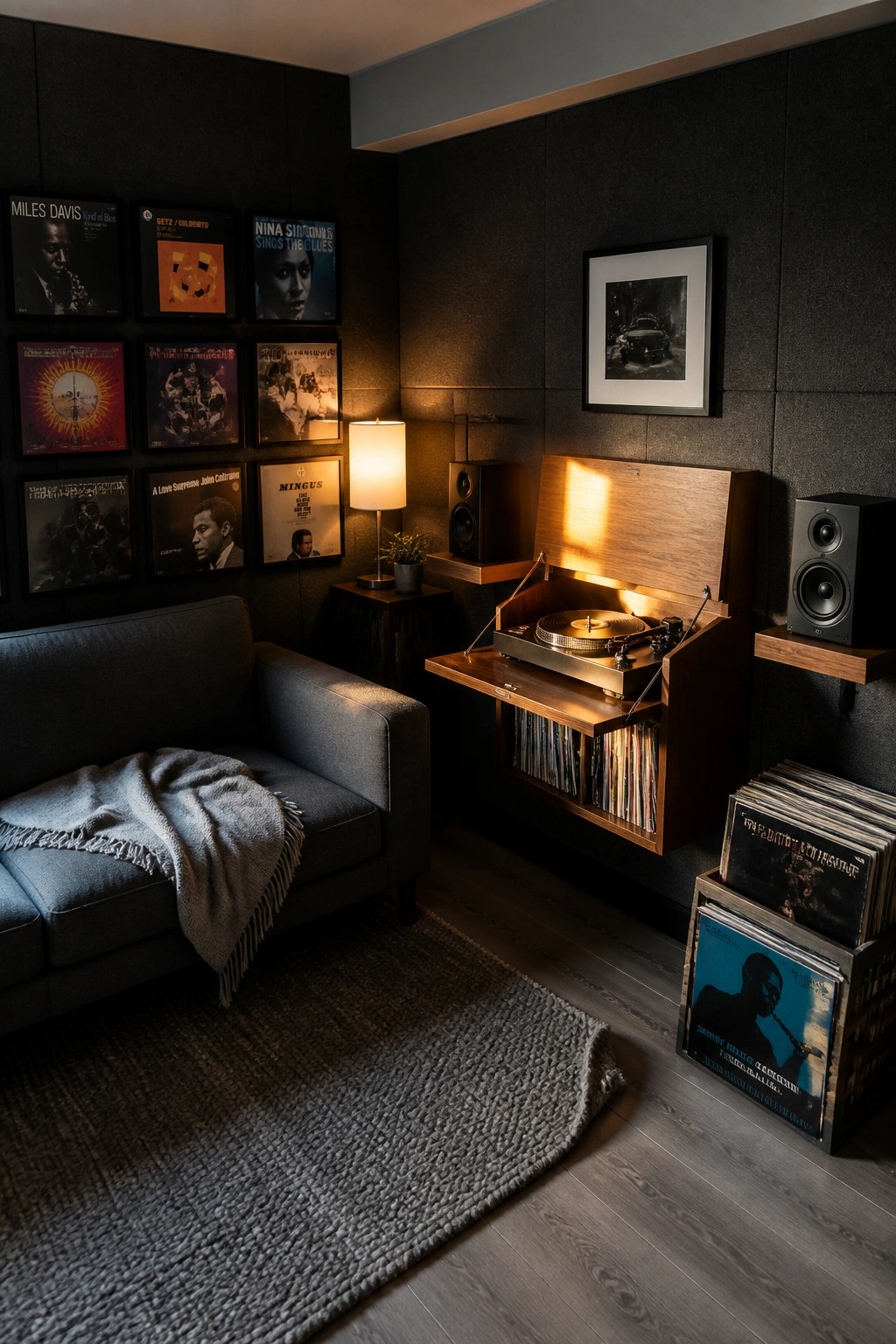 A dimly lit room featuring a gray sofa, a wooden wall-mounted fold-down turntable cabinet with record storage, black speakers on shelves, and vinyl albums displayed on the wall and in crates.