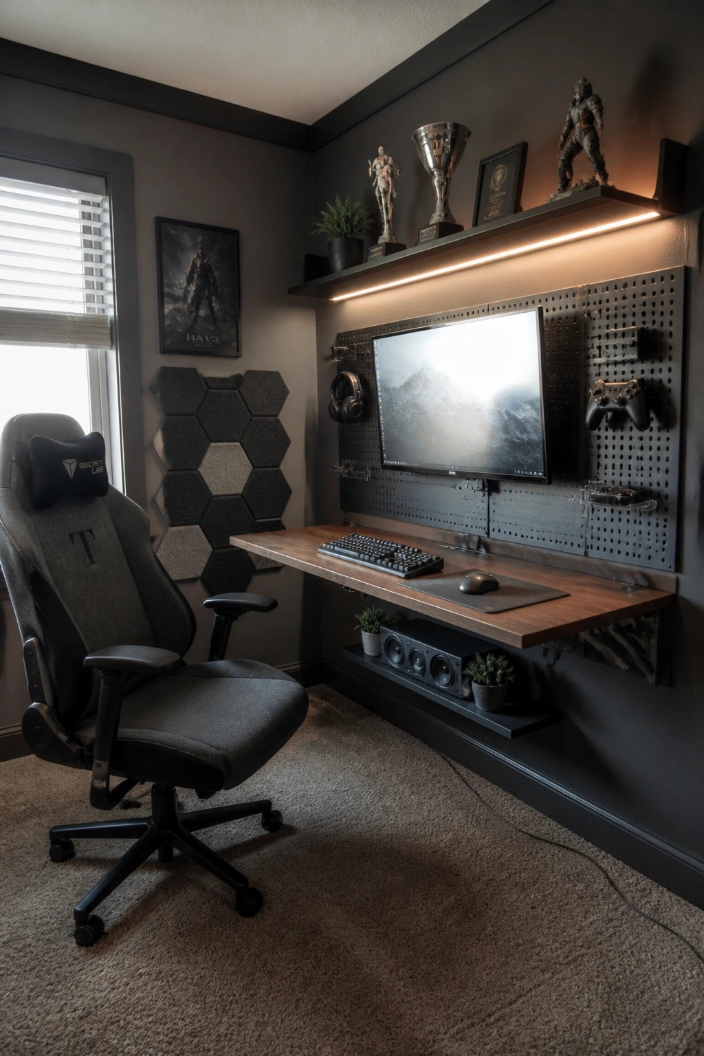 A gaming chair faces a wall-mounted wooden desk holding a keyboard and mouse, with a monitor mounted on a gray pegboard that also holds headphones and a controller, plus upper shelves with trophies and decor.