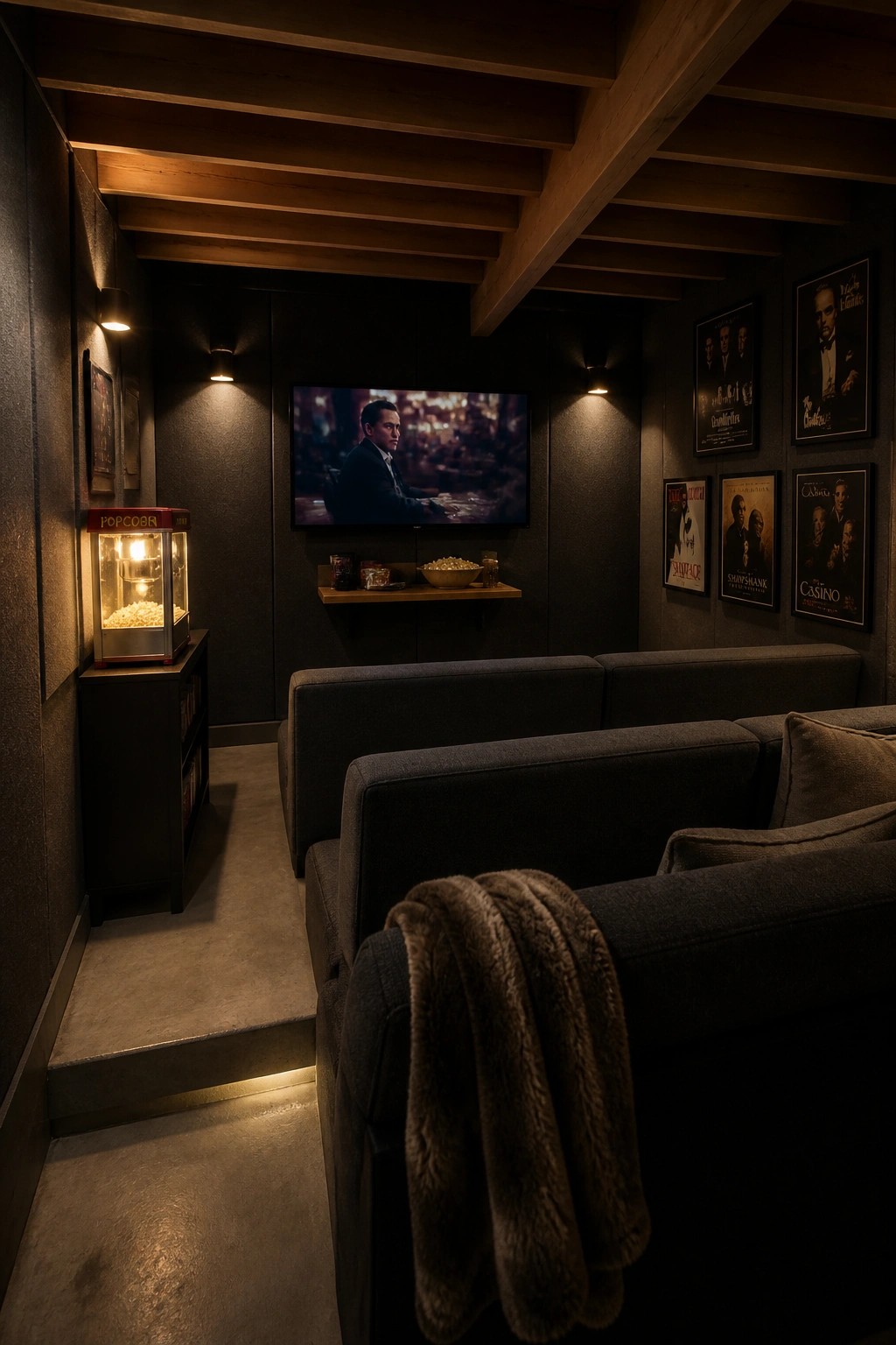 A dimly lit home theater with a wall-mounted TV, gray sectional sofa, multiple framed movie posters on the dark walls, and a small floating shelf holding snacks below the screen.