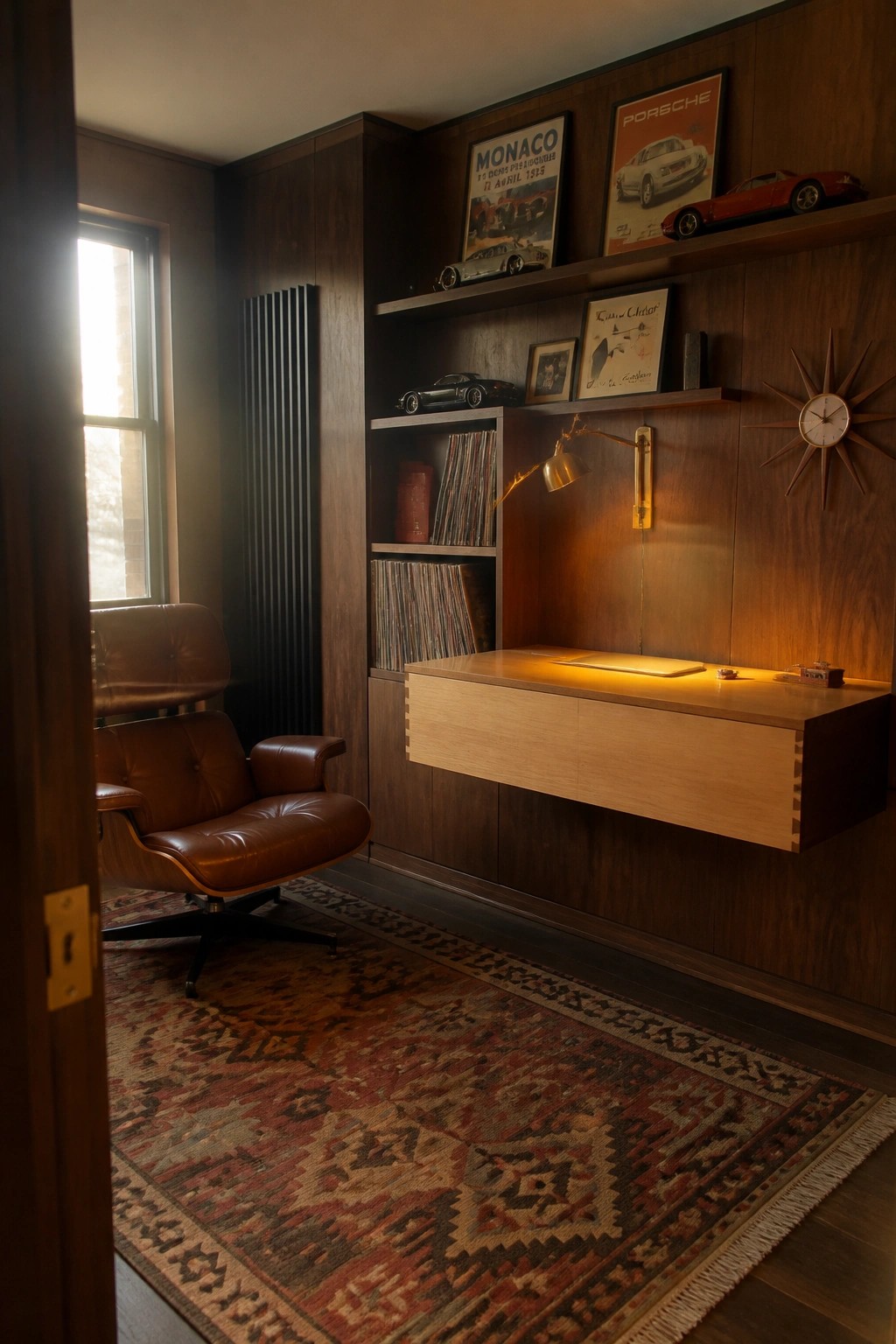A room with dark wood paneling shows a wall-mounted light wood desk below shelves holding model cars and posters, with a brown leather chair on a patterned rug nearby.