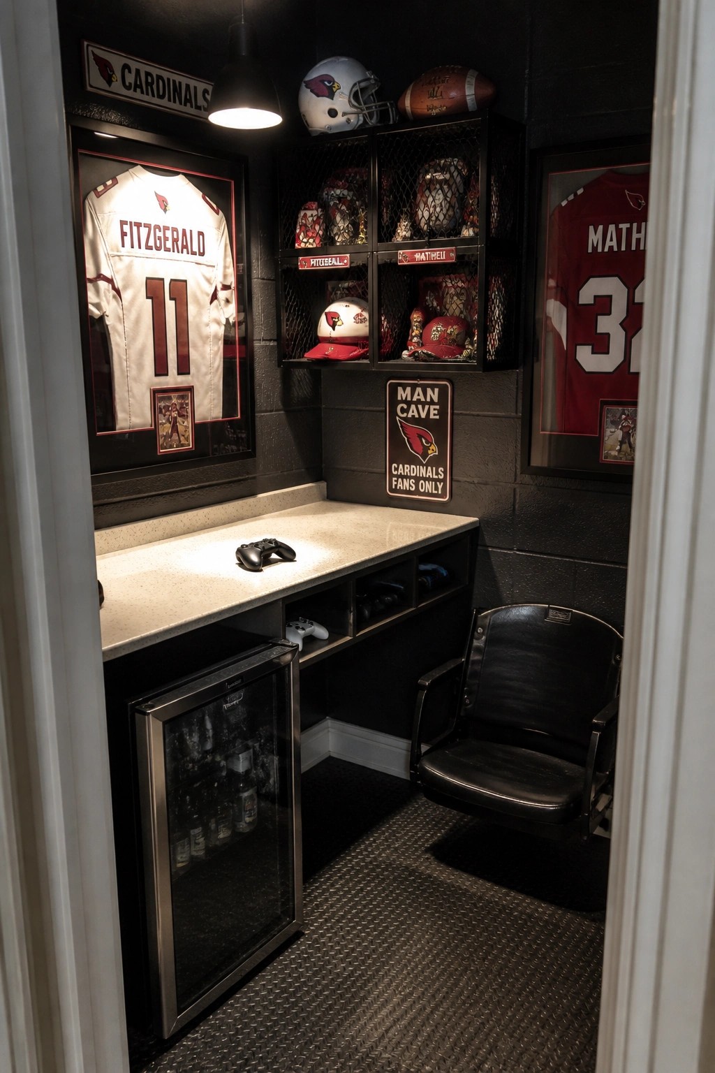 A compact room features framed football jerseys on dark walls, black wire mesh storage cabinets holding helmets and caps above a light counter with a mini fridge and game controllers, and a black leather chair on textured flooring.