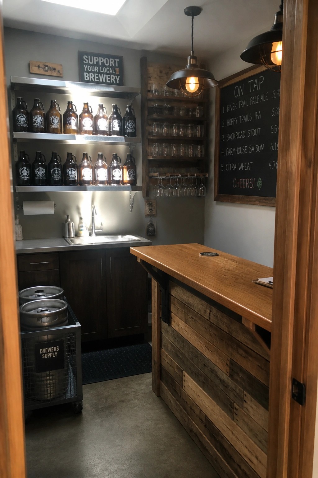 Small indoor bar with wooden counter, metal wall shelves holding brown growlers and drinking glasses, and a chalkboard menu listing beers.