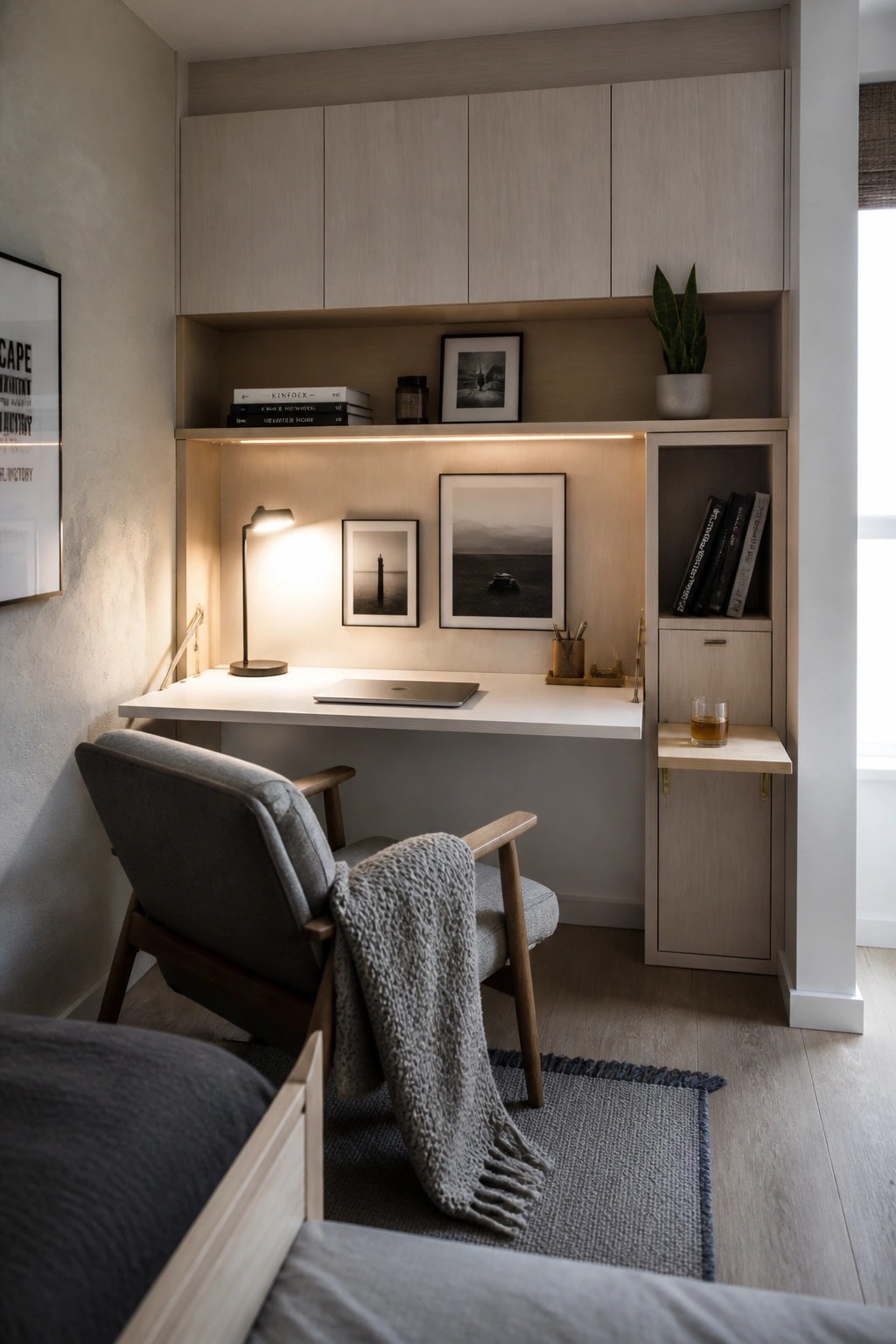 A compact built-in desk with light wood overhead cabinets, open shelves, a white work surface, a fold-down ledge, and a gray chair in a small room.