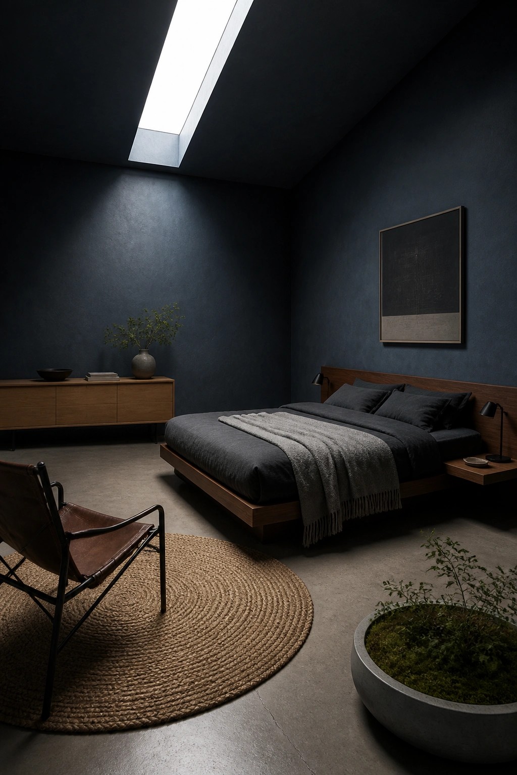 A bedroom with dark blue walls, a wooden platform bed with dark linens, a round woven rug, a brown leather chair, a wooden console table, and a concrete planter in the corner.