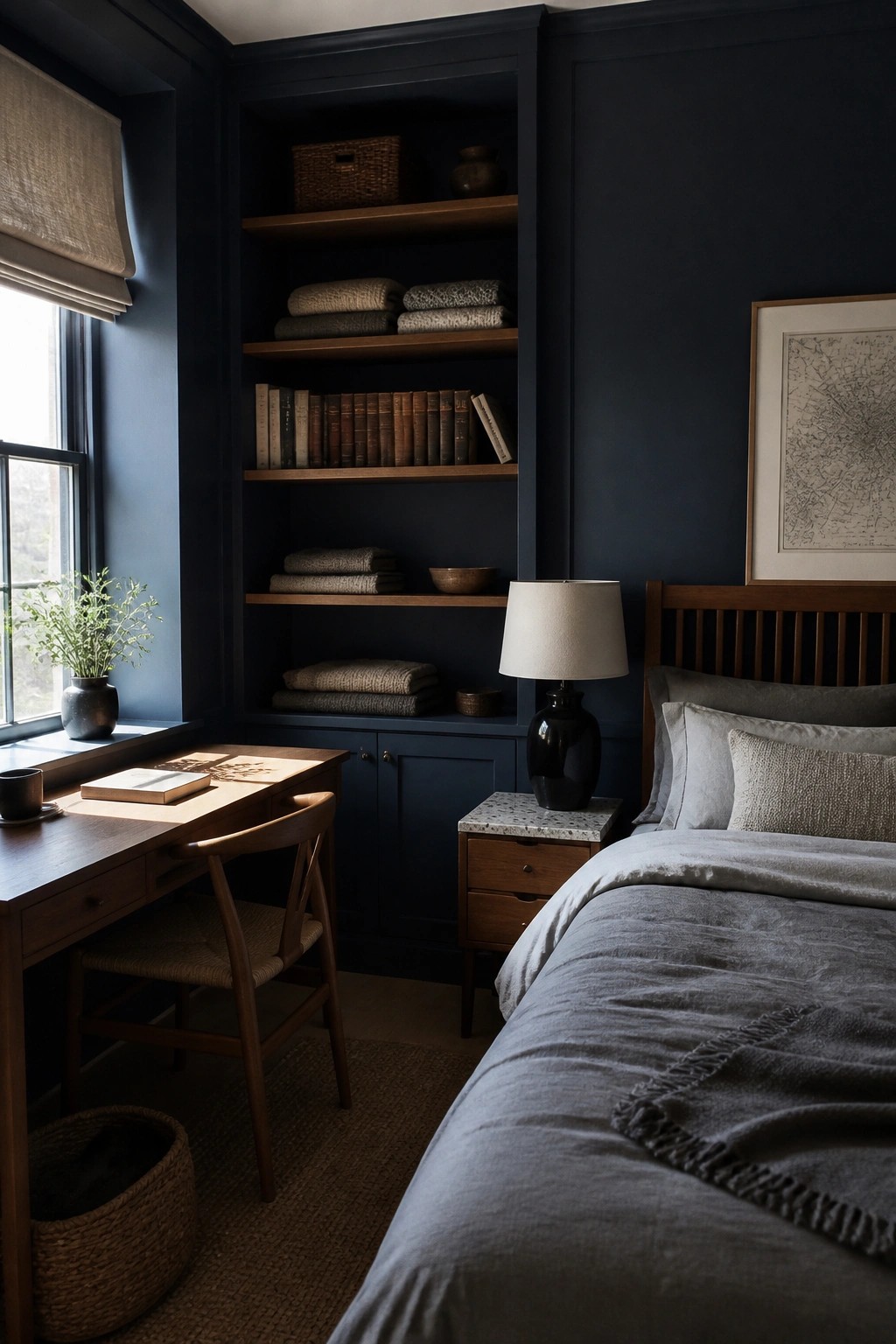 A bedroom with dark blue walls shows built-in wooden shelves holding books and folded textiles, a wooden desk and chair near the window, and a bed with gray bedding beside a wooden nightstand.