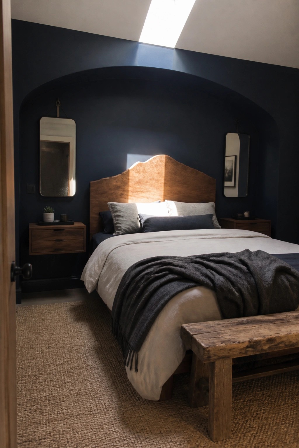 Sunlit bedroom with live-edge wooden headboard, white linens, dark blue arched walls, and bench.