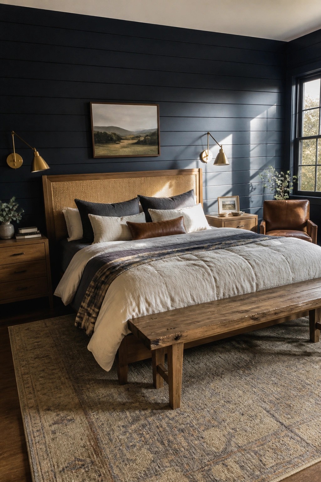 A bedroom featuring dark blue walls, a wooden bed with a cane headboard, layered bedding, a wooden bench at the foot of the bed, and matching nightstands.
