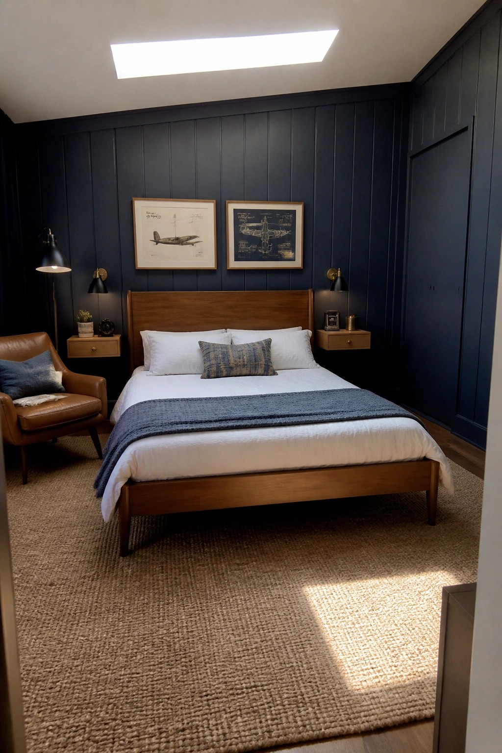 A bedroom with dark blue paneled walls, a wooden bed frame, white bedding, two framed airplane prints above the headboard, and a brown leather chair on the left.