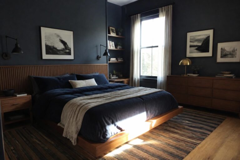 A bedroom with dark navy walls, a wooden bed frame with blue bedding, wooden nightstands, a wooden dresser, built-in shelves, and a striped rug on hardwood flooring.
