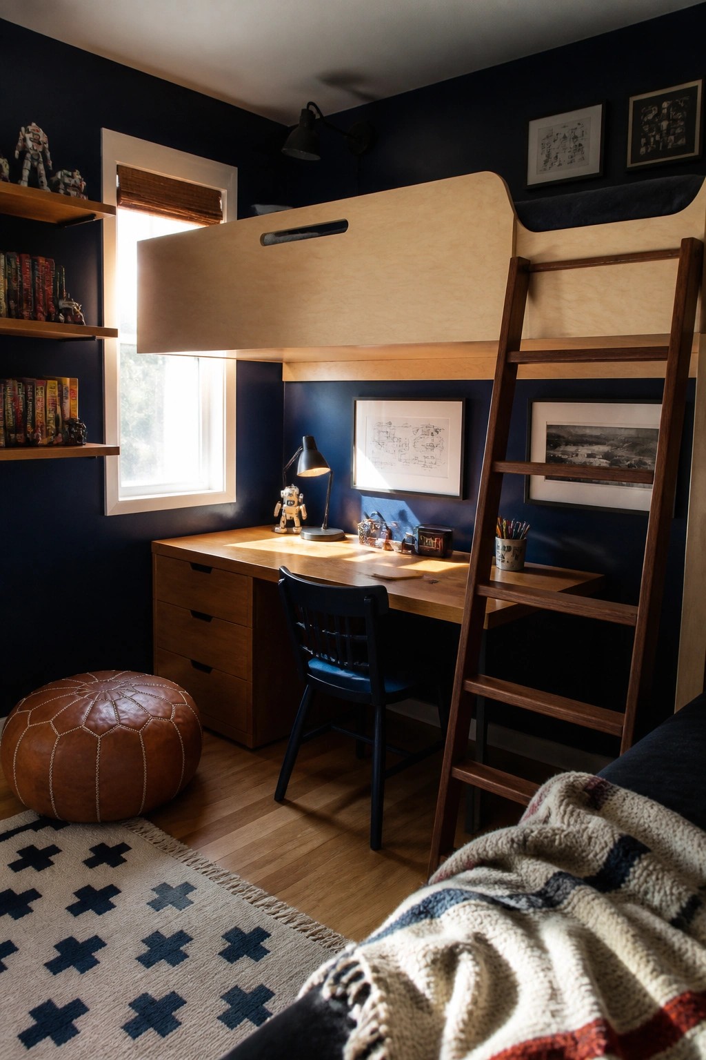Cozy loft bed above wooden desk in navy bedroom with ladder, rug, and leather pouf.