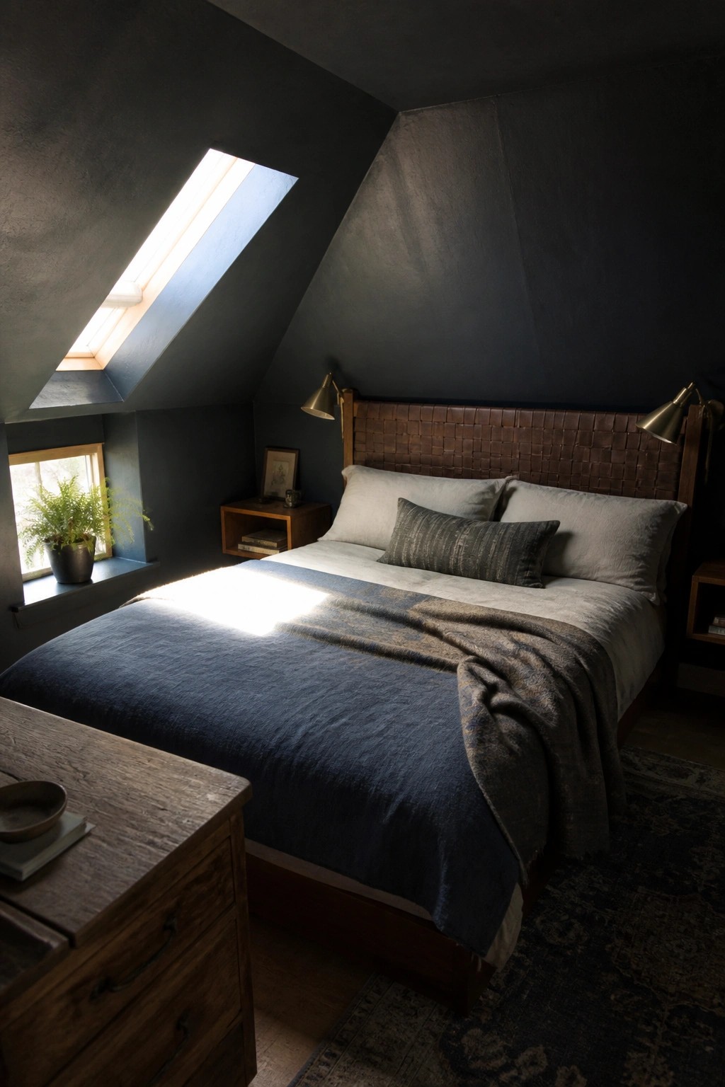 A bedroom with dark blue walls, a wooden bed frame with woven leather headboard, blue bedding, and a skylight on the slanted ceiling.