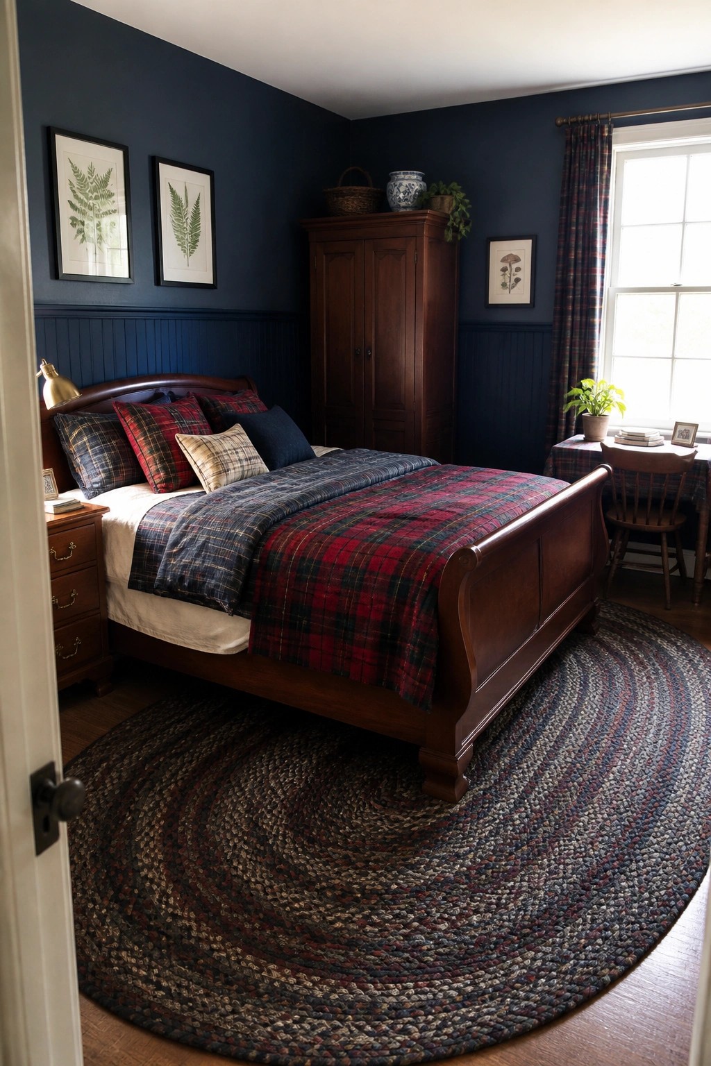 A bedroom with dark blue walls, a wooden sleigh bed dressed in plaid bedding, a wooden wardrobe, and a round braided rug.