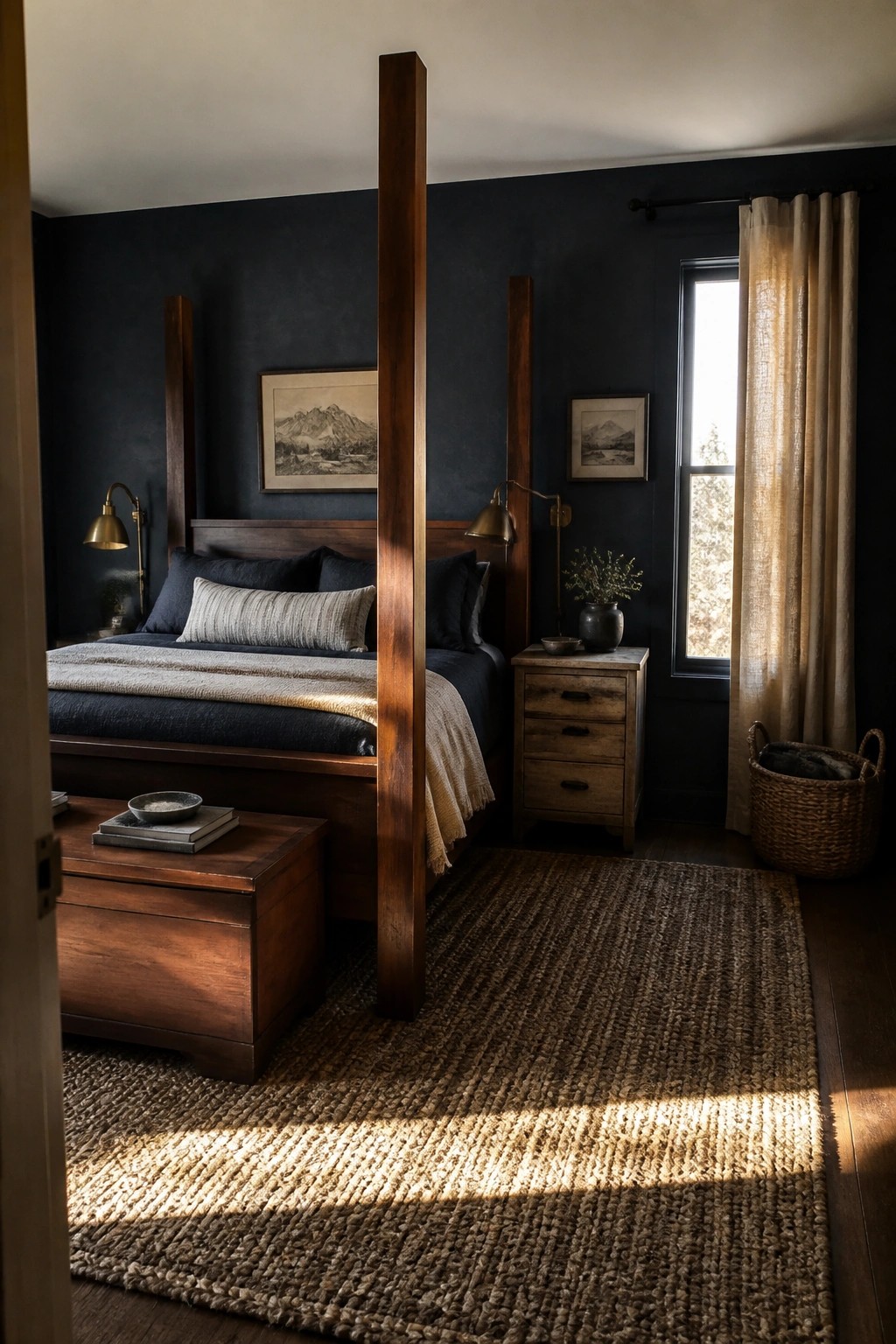 A bedroom interior with dark blue walls, a wooden four-poster bed, warm wood nightstands, and a wooden chest at the foot of the bed on a woven rug.