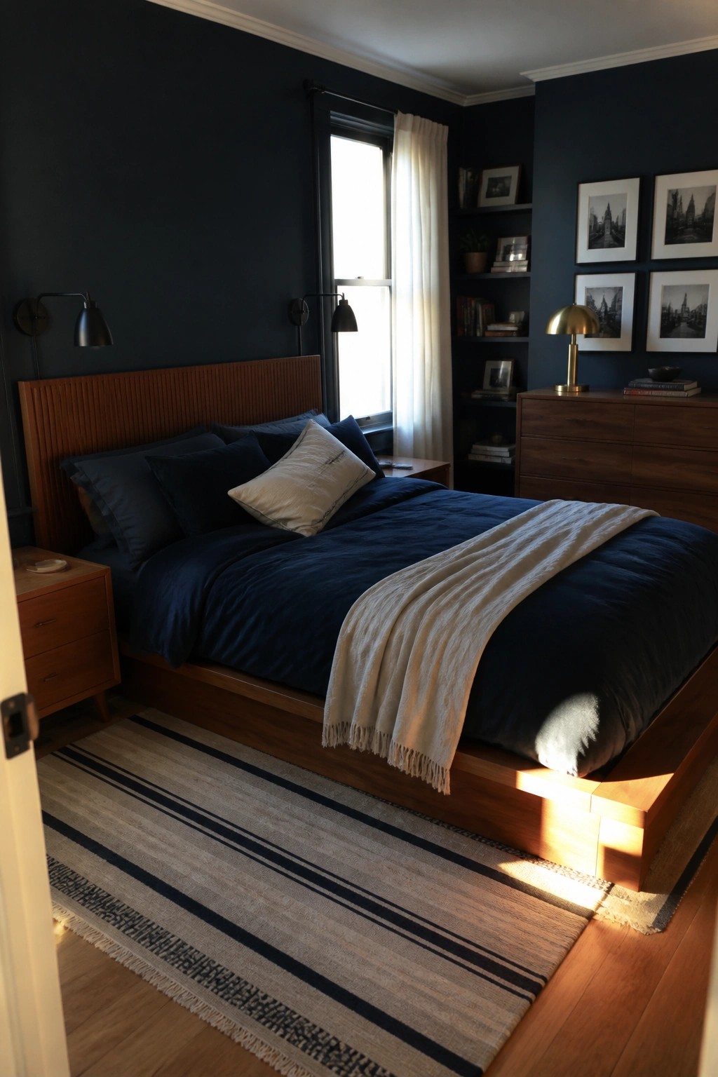 A bedroom with dark navy walls, a wooden bed frame with blue bedding, wooden nightstands, a wooden dresser, built-in shelves, and a striped rug on hardwood flooring.
