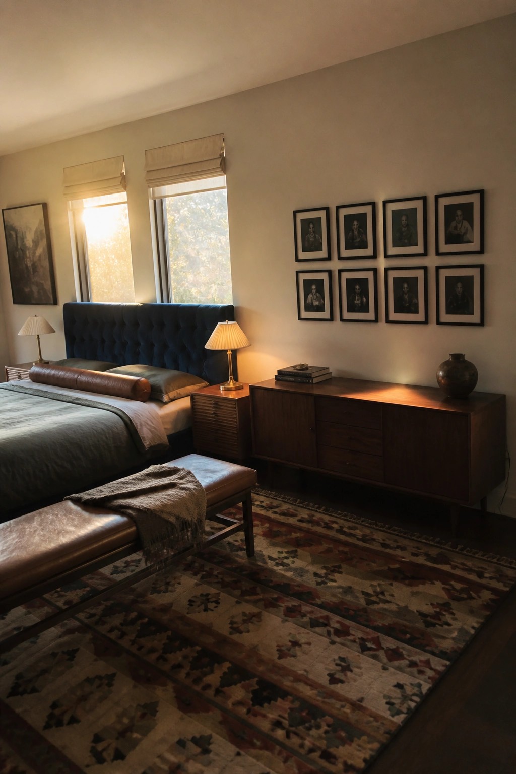 A bedroom with a dark blue tufted headboard, warm wood dresser and nightstands, a leather bench at the foot of the bed, and a patterned rug on the floor.
