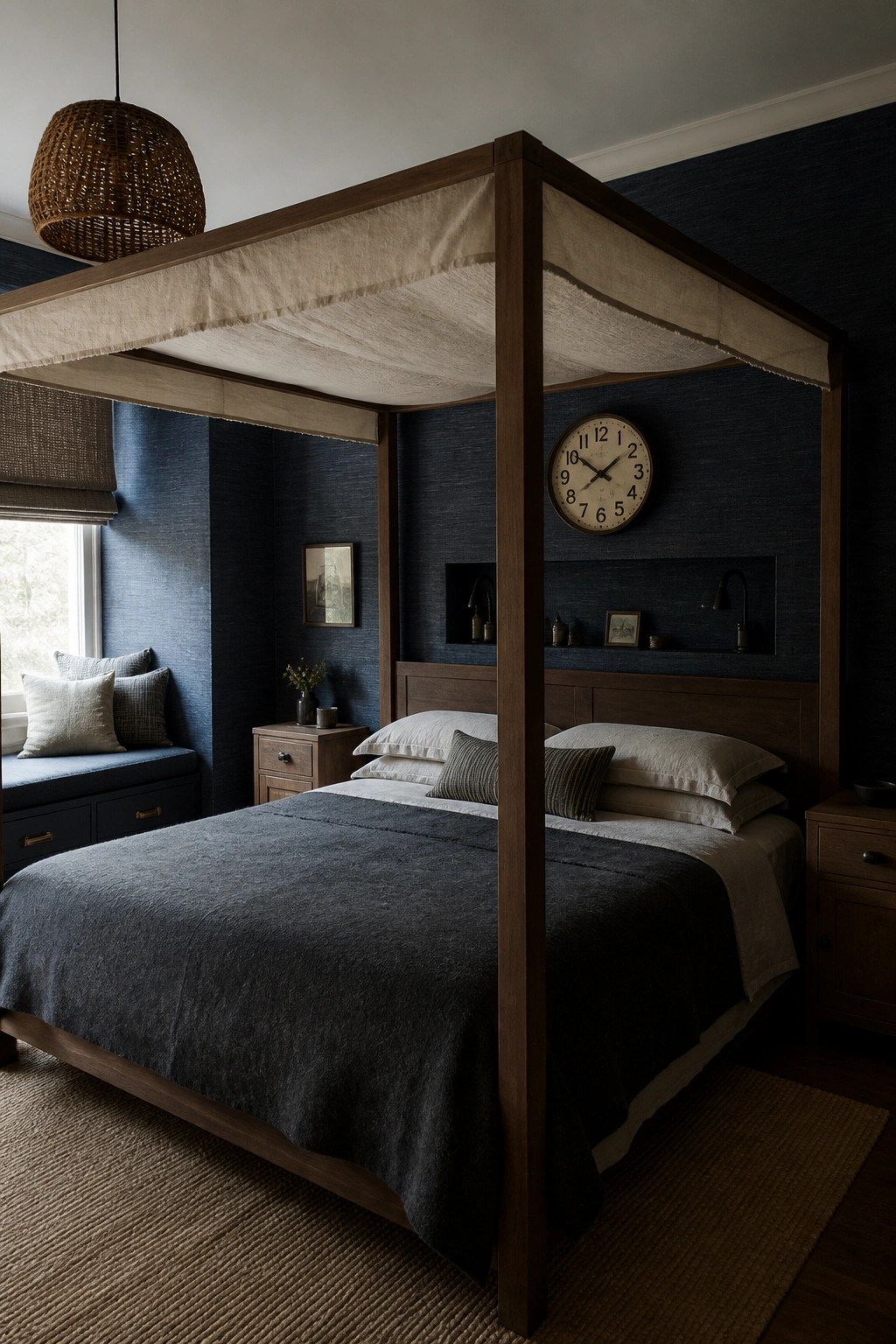 Wooden four-poster canopy bed with dark bedding in navy blue bedroom.