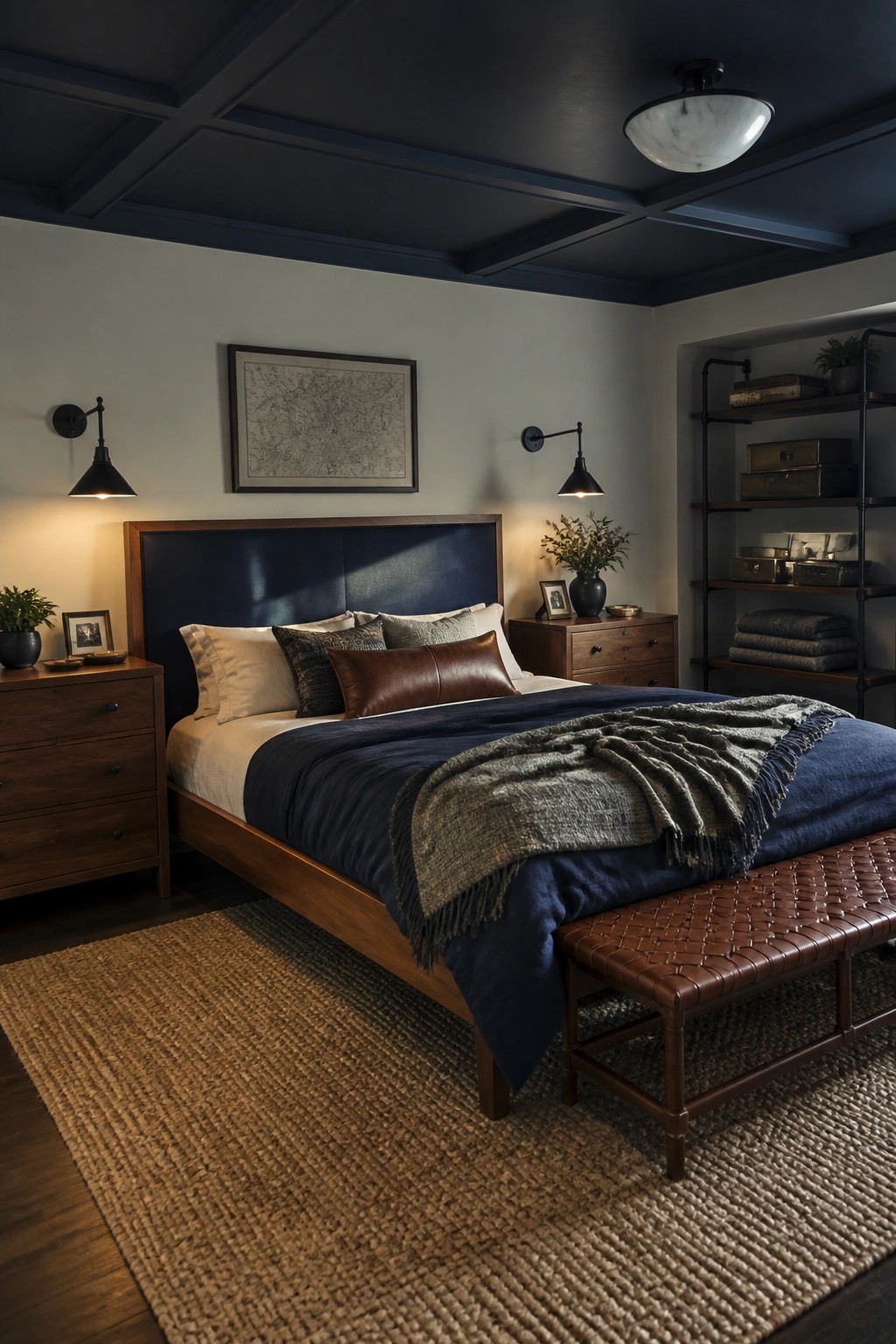 A bedroom featuring a wooden bed with a dark blue headboard, navy bedding, wooden nightstands, and a woven rug under warm lighting.