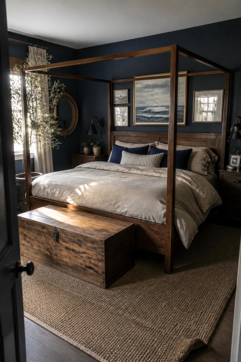 A bedroom with dark blue walls contains a large wooden four-poster bed with beige bedding, a wooden chest at the foot of the bed, and framed art above the headboard.